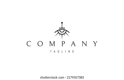 Vector logo on which an abstract image of an eye in the form of a sun and a sword in the middle.