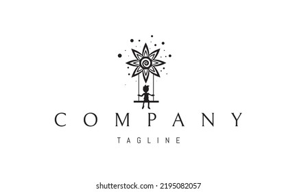 Vector logo on which an abstract image of a child riding a swing tied to the sun.