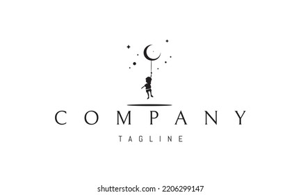 Vector logo on which an abstract image of a child flying away on the moon into his dreams.