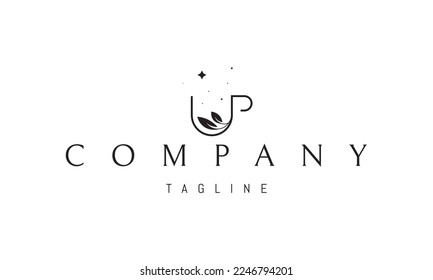 Vector logo on which an abstract image of a cup of tea with two leaves at the bottom.