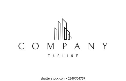 Vector logo on which an abstract image of a high-tech skyscraper in a linear style.