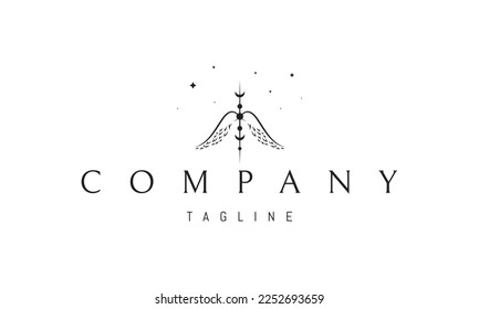 Vector logo on which an abstract image of angel wings with alchemical symbols.