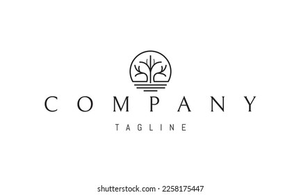 Vector logo on which an abstract image of a tree on the river bank against the backdrop of the sun.