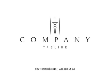 Vector logo on which an abstract image of a sword with runes in a linear style.