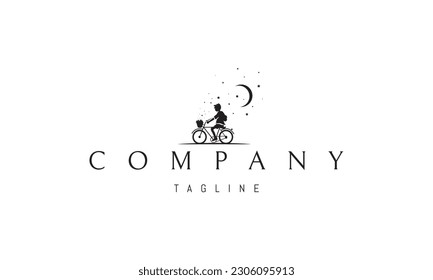 Vector logo on which an abstract image of a child riding a bicycle under a starry sky with a basket full of collected stars. .