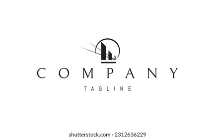 Vector logo on which an abstract image of the city on the background of the suns rays.