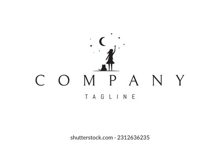 Vector logo on which an abstract image of a girl with a cat looking at the night sky.