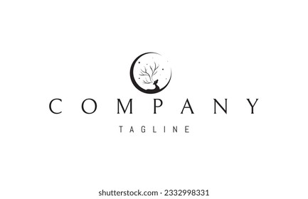 Vector logo on which an abstract image of a deer with antlers in the form of a tree on the background of the moon.