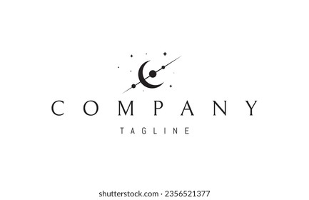Vector logo on which an abstract image of an eclipse against the background of a parade of planets.