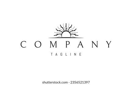 Vector logo on which an abstract image of a sunrise where the rays are tree branches.