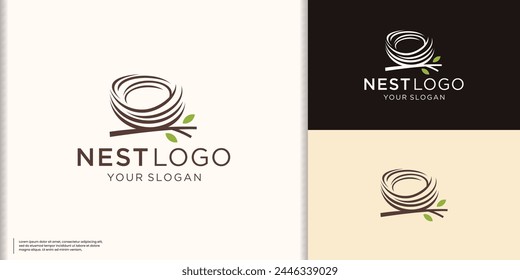 Vector logo on which the abstract image of a bird's nest is twisted from thin twigs with a leaf.