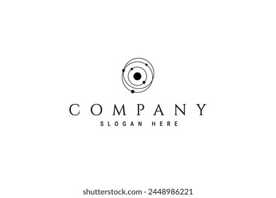 Vector logo on which an abstract image of the solar system with space galaxy planets revolves around the sun.