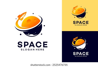 Vectorlogo waarop een abstract beeld van een vliegende raket op de achtergrond van de planeet staat.