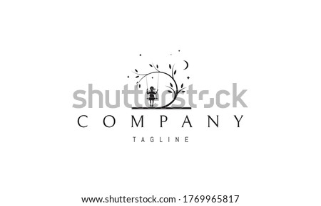 Vector logo on which an abstract image of a beautiful tree under which a girl on a swing against the background of stars and the moon.