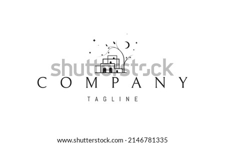 Vector logo on which an abstract image of a guest house in a resort on a wood background.
