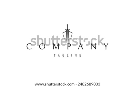 Vector logo on which an abstract image of a shield with a sword in a linear style.