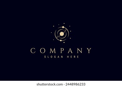 Vector logo on which a golden abstract image of the solar system with planets rotating around the sun.