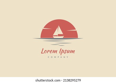 Vector logo on which a silhouette sailboat sailing on the sea with sunset background.