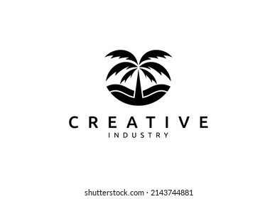 Vector logo on which an simple image of a palm tree with wave in a flat style.