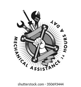 vector logo on a white background hand holding a mechanical tools in round shape