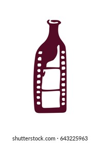 Vector. Logo on white background. The claret silhouette of a stylized bottle for wine. Silhouette of a film for photos and video.