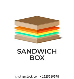 Vector logo for on-the-go restaurant. Illustration of a sandwich box. Isolated on white background, isometric style. Emblem for fast food business or bar.