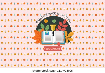 Vector logo with open book, school bell and autumn leaves. Welcome back to school. Press wall for a photo shoot. Vector emblem of education.