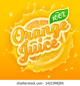 Vector logo for orange juice on splash background with orange slice