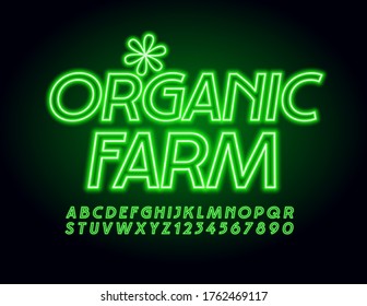 Logotipo vectorial Granja orgánica con flor decorativa. Fuente Neon verde. Letras y números de alfabetos eléctricos