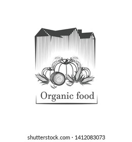 Vector logo organic food. Farm Organic Products The concept of a sign of quality healthy food. Natural eco nutrition. Farm products shop.