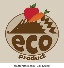 Vector logo of organic product with stylized hedgehog, apple and carrot on beige background 
