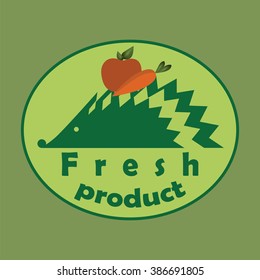 Vector logo of organic product with stylized hedgehog, apple and carrot on green background 