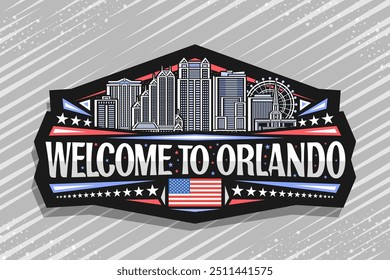 Logotipo vetor para Orlando, sinal decorativo escuro com ilustração desenhada da famosa paisagem panorâmica da cidade orlando no fundo do céu noturno, o ímã do refrigerador do projeto da arte com palavras bem-vindo ao orlando