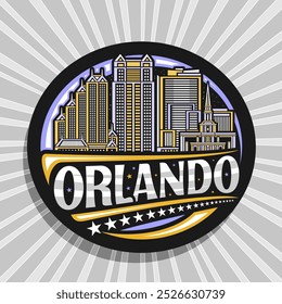 Logotipo del Vector para Orlando, etiqueta decorativa del círculo con la ilustración de la línea del paisaje americano de la ciudad de Orlando en el fondo del cielo nocturno, imán del refrigerador del diseño del arte con letras únicas para el texto Orlando