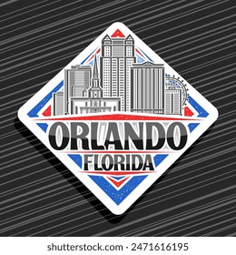 Logotipo de Vector para Orlando, signo decorativo de rombo blanco con ilustración de línea de paisaje moderno de la ciudad de orlando, imán de refrigerador de diseño de arte con letras únicas para palabras negras orlando, florida