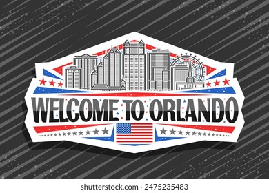 Logo de Vector para Orlando, signo decorativo blanco con ilustración de línea de paisaje moderno panorámico de la ciudad de orlando en el fondo del cielo del día, imán de refrigerador de diseño de arte con palabras negras bienvenidos a orlando