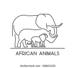 Vector logo outline African animals. Vector line silhouette of lion; elephant and rhino.