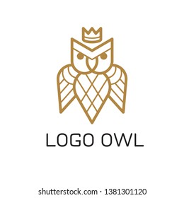 Vector logo with owl in crown. Emblem for the brand with the image of an owl. Line art, icon style, flat line. Golden sign.