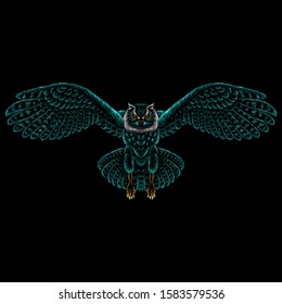 The Vector logo owl for tattoo or T-shirt design or outwear.  Hunting style owl background. This drawing would be nice to make on the black fabric or canvas.