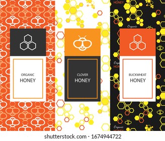 Vector logo and packaging design templates in trendy linear style - natural, organic and farm honey packaging - labels and tags with seamless patterns. Buckwheat honey, clover honey logo idea.