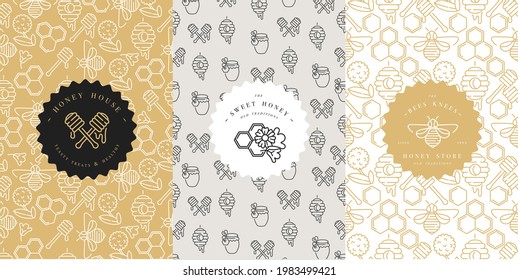 Vector logo, packaging design templates in trendy linear style - natural honey packaging - typography labels and with floral patterns. Flower pattern. Pattern for honey package. Ornamental background