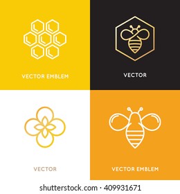 Vector logo and packaging design templates in trendy linear style - natural and farm honey concepts - labels and tags with bees, honeycombs and flowers