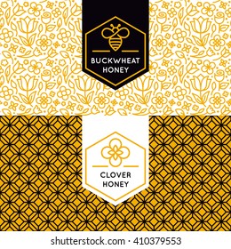 Vector logo and packaging design templates in trendy linear style - natural and farm honey packaging - labels and tags with floral seamless patterns