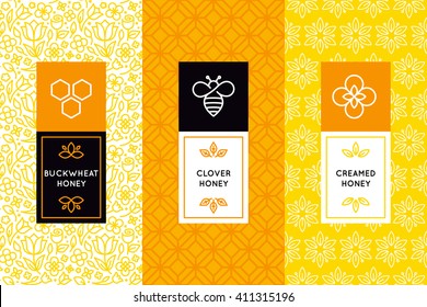 Vector logo and packaging design templates in trendy linear style - natural and farm honey packaging - labels and tags with floral seamless patterns