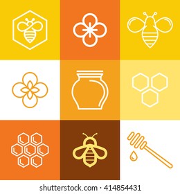 Vector logo and packaging design templates in trendy linear style - natural and farm honey concepts - labels and tags with bees, honeycombs and flowers