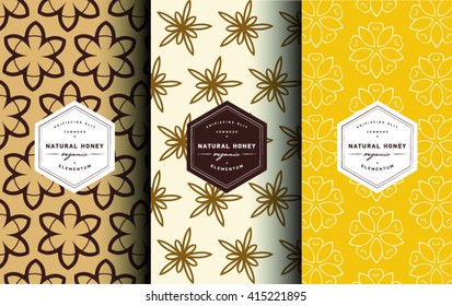 Vector logo and packaging design templates in trendy linear style. Natural honey packaging. Typography labels and with floral patterns. Flower pattern. Pattern for honey package. Ornamental background