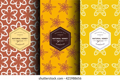 Vector logo and packaging design templates in trendy linear style - natural honey packaging - typography labels, with floral patterns. Flower pattern. Pattern for honey package. Ornamental background
