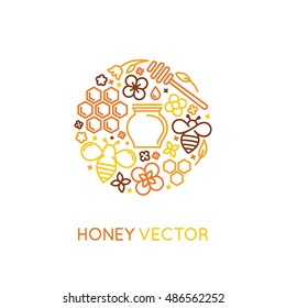 Vector logo and packaging design templates in trendy linear style - natural and farm honey concepts - label and tag with bees, honeycombs and flowers