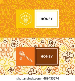 Vector logo and packaging design templates in trendy linear style - natural and farm honey packaging - labels and tags with floral seamless patterns