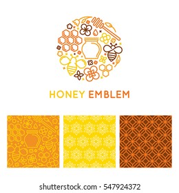 Vector logo and packaging design templates in trendy linear style - natural and farm honey packaging - labels and tags with floral seamless patterns